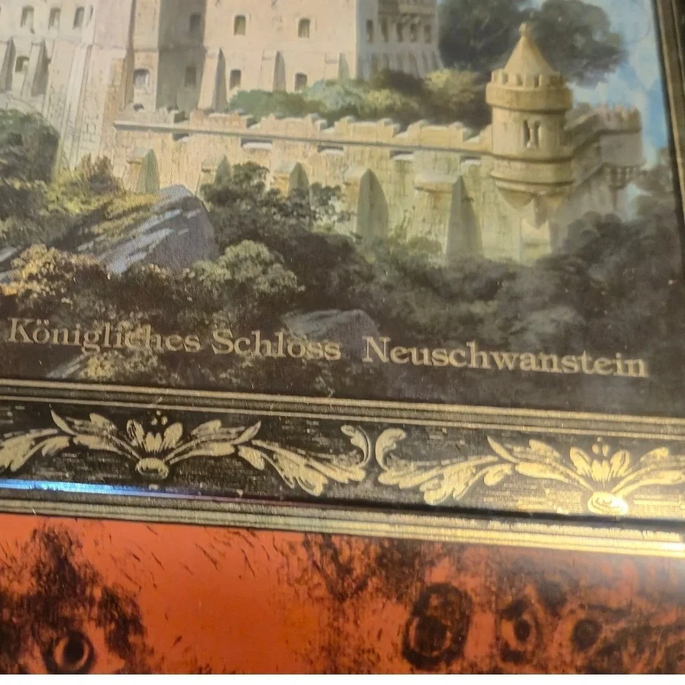 Vintage Neuschwanstein Castle Large‎ Metal Tin Box Germany Gothic Faux Burl 14in